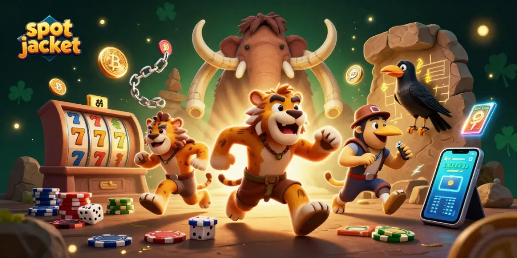 Spin the slot jackpot with a 3D caveman duo in a vibrant prehistoric casino.