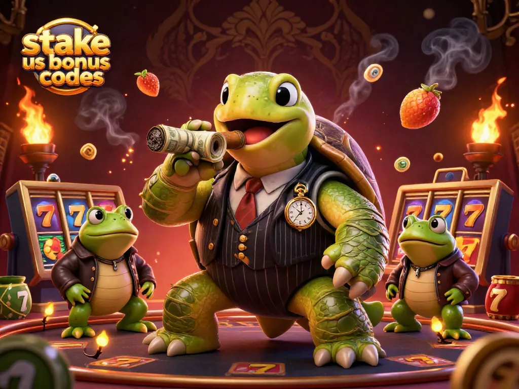 Engage with stake us bonus codes through this dynamic casino-themed illustration featuring a snapping turtle and bullfrog enforcers.