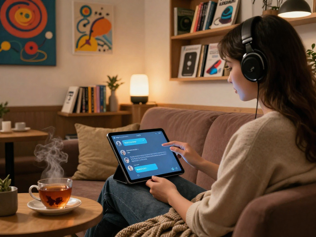 Cozy café scene with person enjoying AI chat porn on a tablet, warm ambient lighting, and inviting décor.