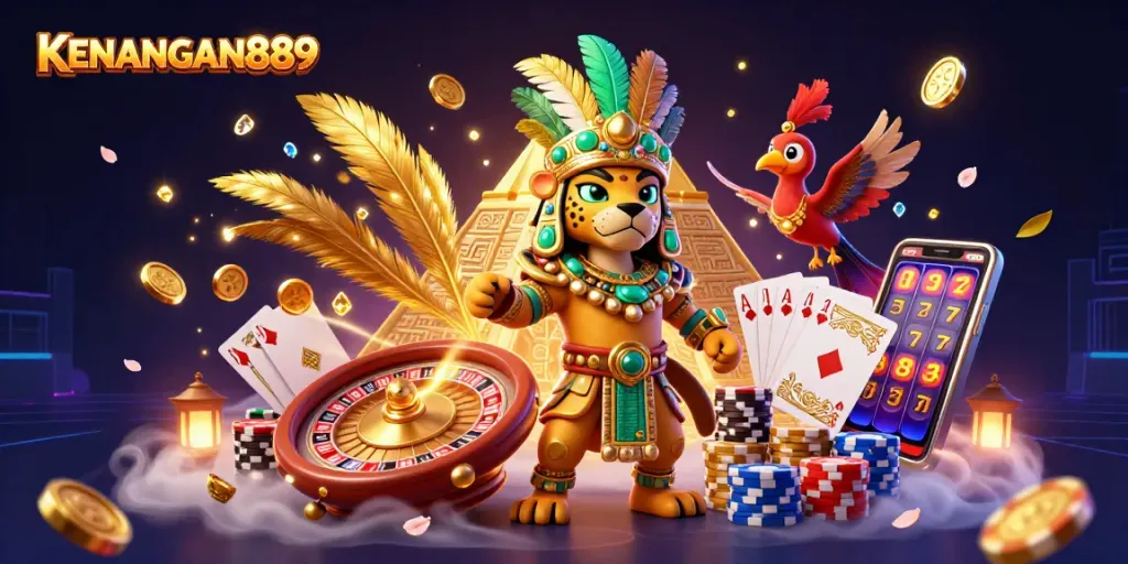 Experience KENANGAN889 with vibrant 3D animated characters and dynamic casino elements in this eye-catching illustration.