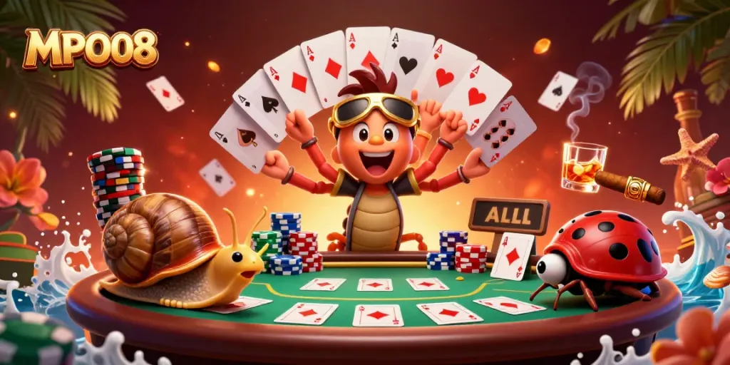 MPO08 showcases an exciting casino scene with a millipede dealer and vibrant poker elements.