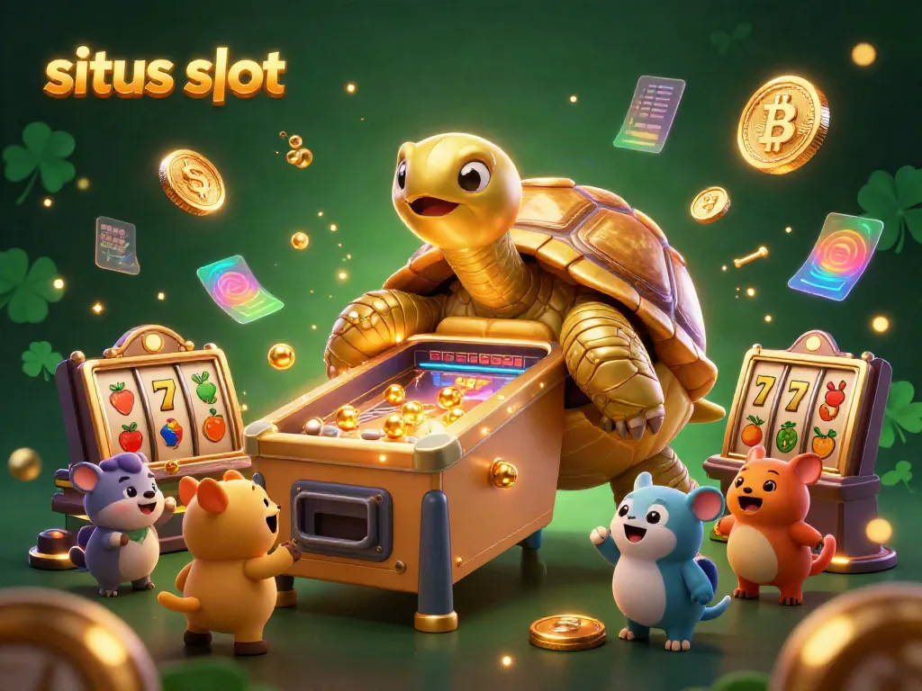 Permainan situs slot dengan kura-kura raksasa sebagai mesin pinball, simbol keberuntungan, dan hewan yang antusias menunggu giliran.