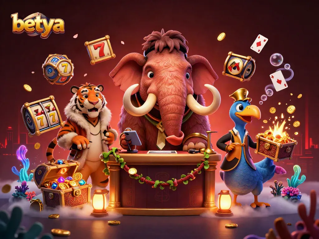 Experience thrilling moments at betya with cartoon characters amidst vibrant casino elements.