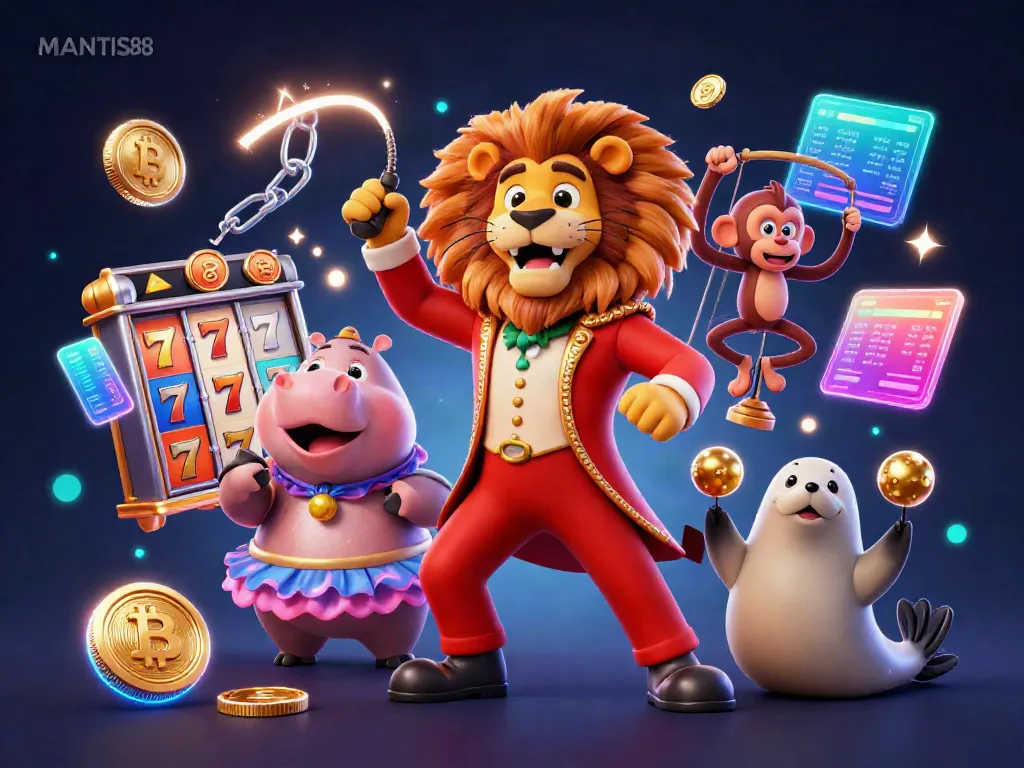 MANTIS88 showcases a lively casino scene with vibrant characters and slot elements, emphasizing excitement and engagement.