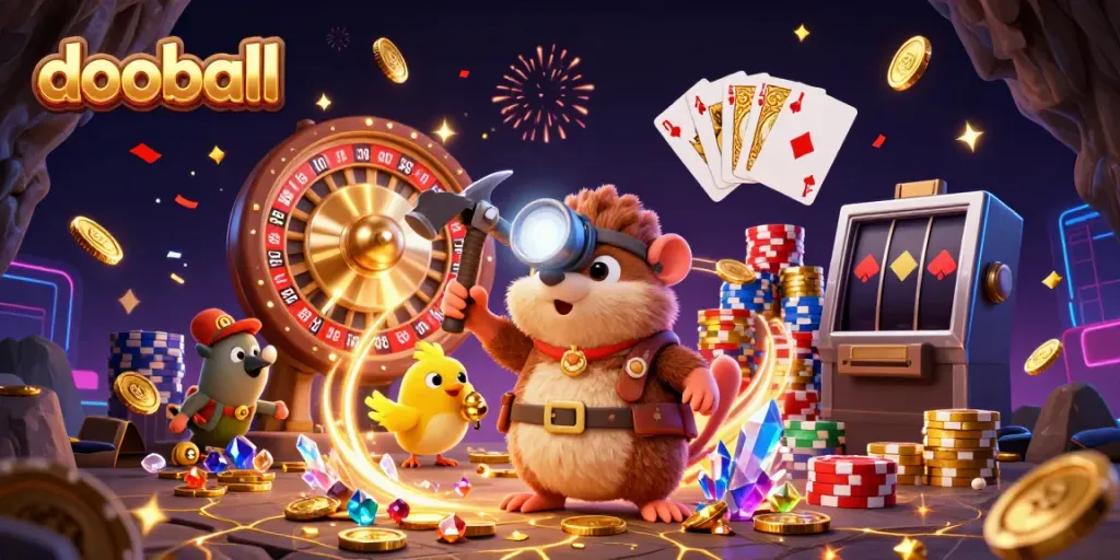 Experience thrilling dooball action with treasure hunter characters amidst golden riches in this vibrant illustration.
