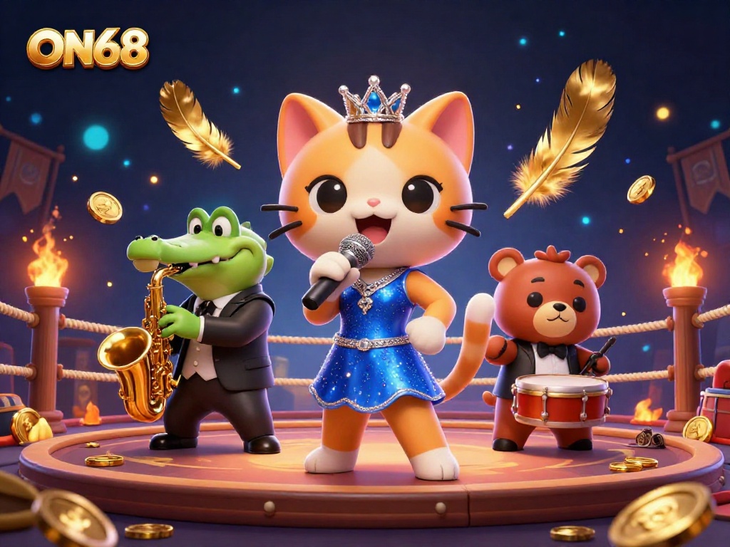 Engage with ON68's thrilling casino experience featuring lively cartoon characters performing on stage.