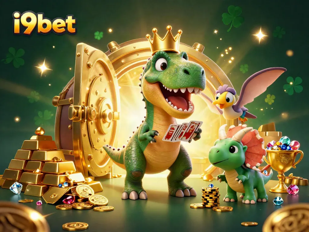 Experience exciting casino action with i9bet, featuring cartoon dinosaurs shuffling cards and stacking chips.