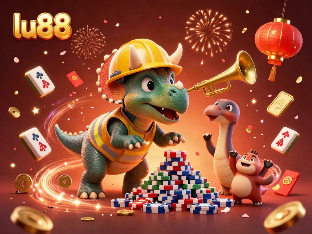 Celebrate wins at lu88 with vibrant gaming characters building poker chip pyramids in a festive atmosphere.
