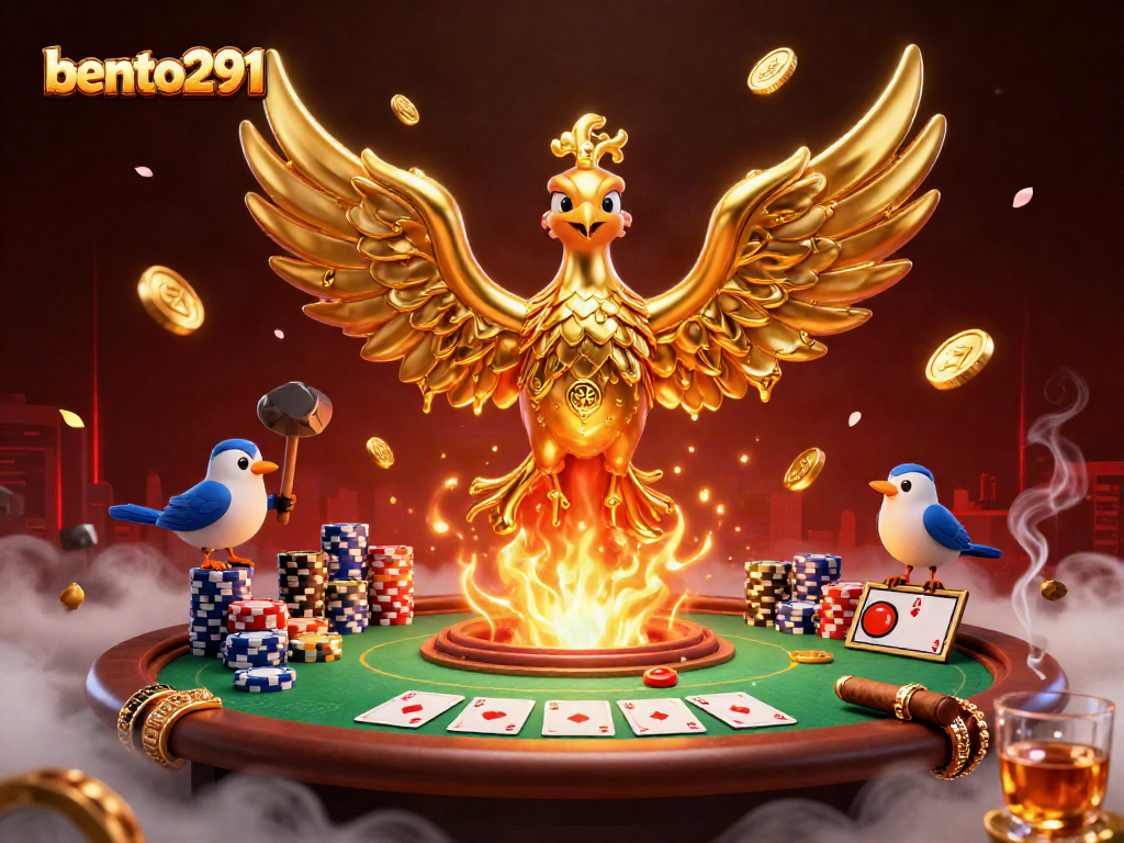 Bento291 captures a vibrant casino scene with a molten phoenix and dynamic poker elements.