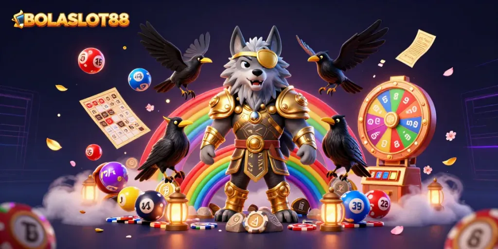 BOLASLOT88 features a Norse mythology wolf and ravens within a dynamic 3D casino scene.