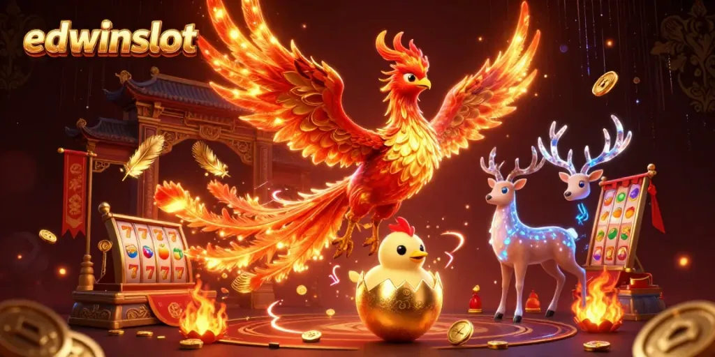 Experience the thrill of edwinslot with a phoenix and mystical stag in a vibrant casino scene.