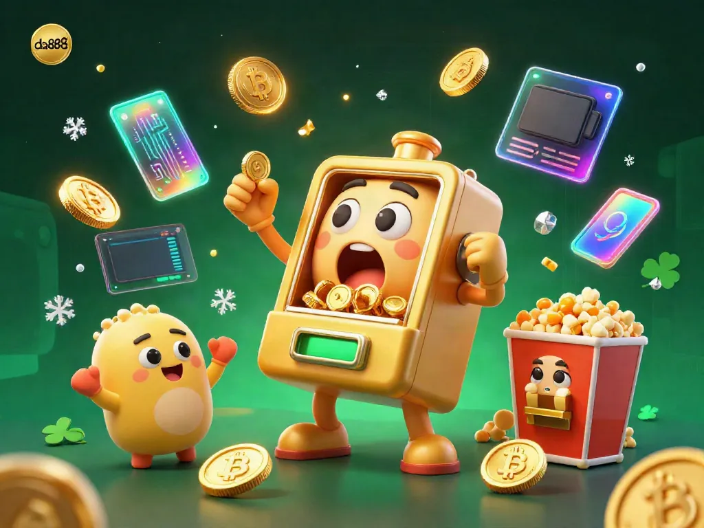 da888 jackpot scene with golden slot machine, coins pouring, and cryptocurrency elements