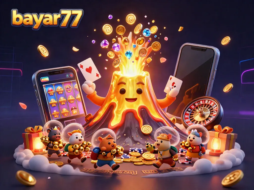 Experience thrills at bayar77 with a triumphant golden volcano erupting coins and vibrant casino games.
