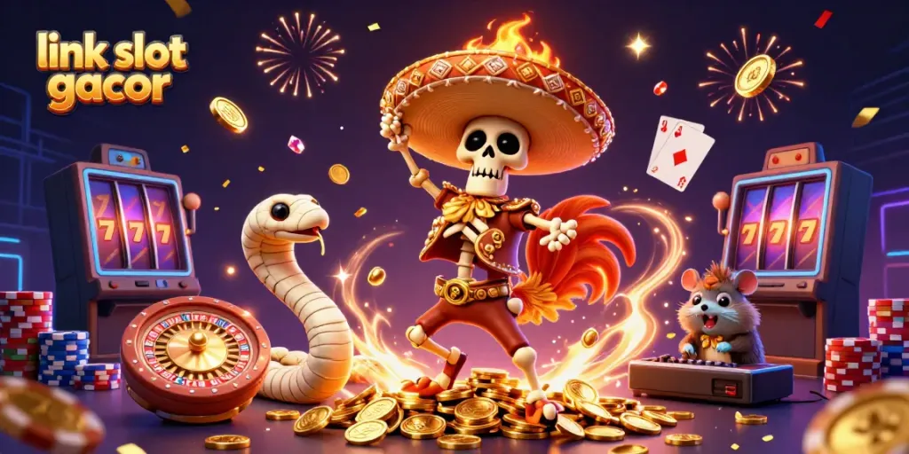 Experience excitement with link slot gacor as a skeleton mariachi rooster dances atop coins.