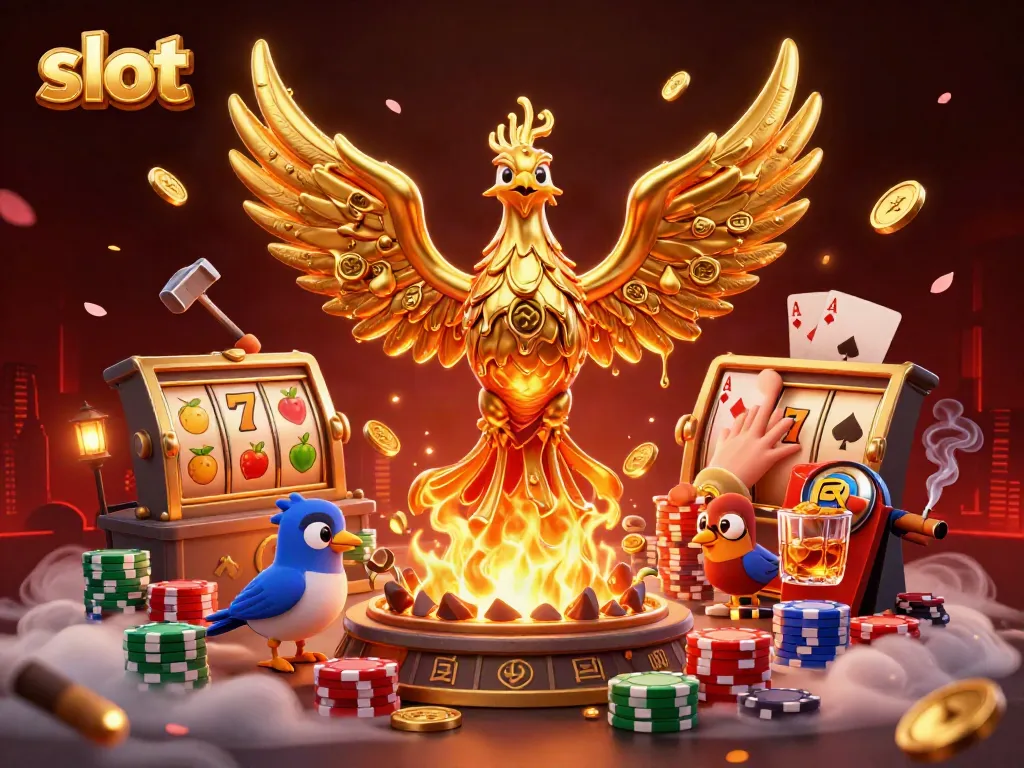 Experience thrilling slot action with a phoenix and poker elements in a vibrant casino scene.