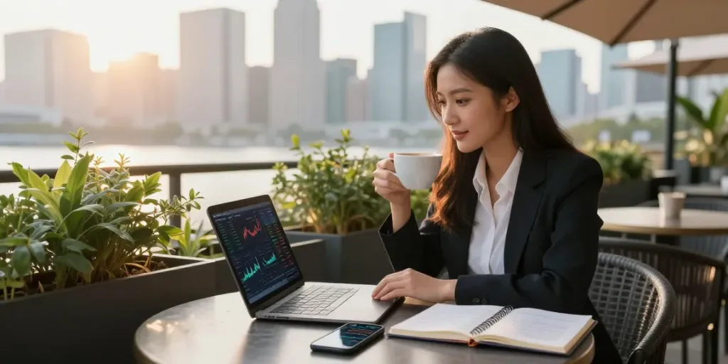 Wawasan kripto dan finansial di BINTANG77 yang ditampilkan melalui https://keysfinder.net/key/c7dcbec1909ec304827d26f567caafae458310b4a50d9d492c90a570d47396d1 dengan seorang profesional muda di kafe.