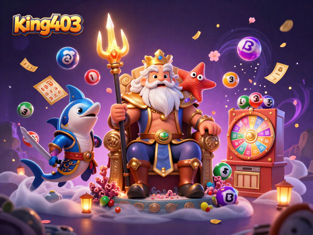 Engage with king403's vibrant gambling world showcasing lottery and prizes in a dynamic 3D scene.