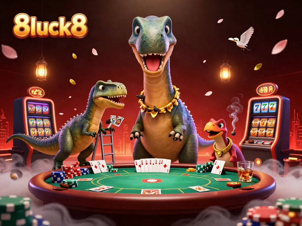 8luck8 unleashes excitement with a dynamic scene featuring gambling characters and casino elements.