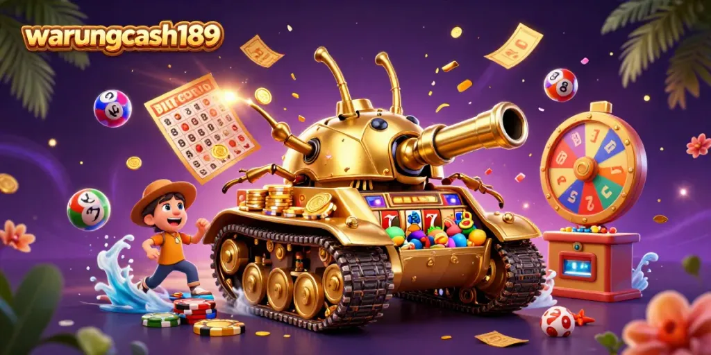 Experience the thrilling world of warungcash189 with a vibrant casino scene featuring dynamic slot elements and golden confetti.