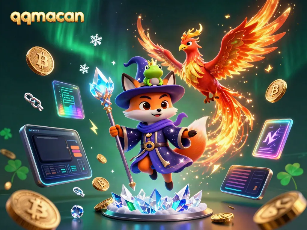 Experience thrilling games at qqmacan with a wizard fox and phoenix amidst shimmering crypto coins and vibrant elements.