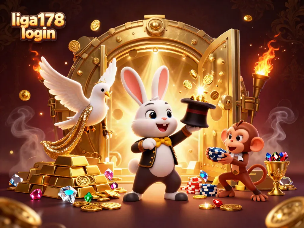 Ilustrasi kasino 3D menampilkan liga178 login dengan karakter magis dan koin emas.