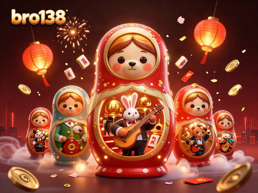 bro138 captures a vibrant casino scene featuring a Matryoshka bear surrounded by festive gambling elements