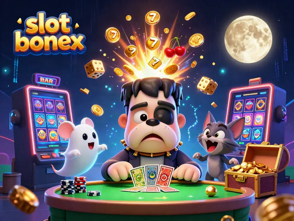 Engage with slot bonus excitement through a dynamic 3D illustration featuring casino characters and vibrant elements.
