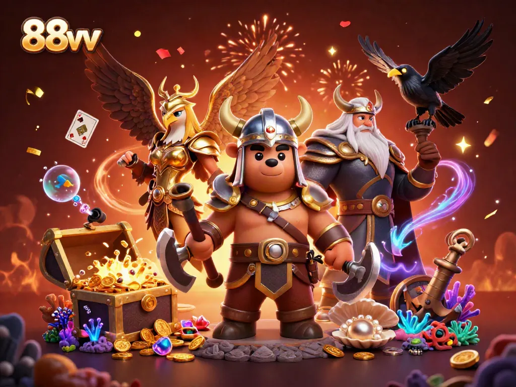 Engage with 88vv and battle for treasure in this vibrant casino-themed 3D scene, filled with dynamic gambling elements.