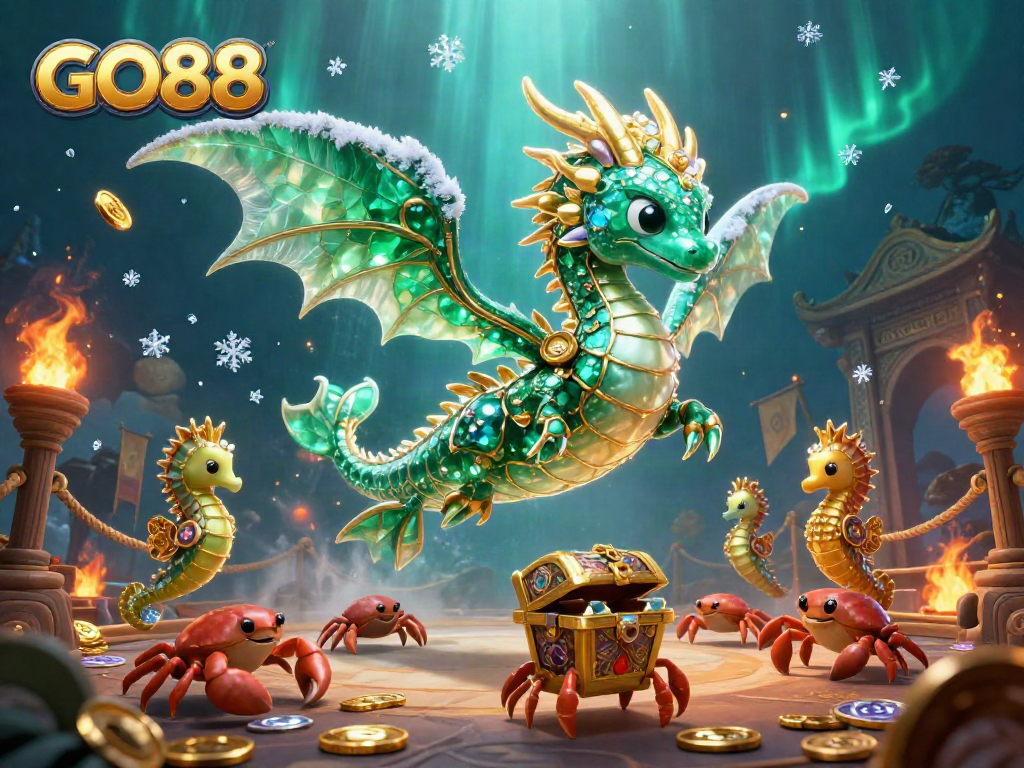 Experience the excitement of GO88 with a vibrant underwater scene featuring a sea dragon and quality gaming elements.