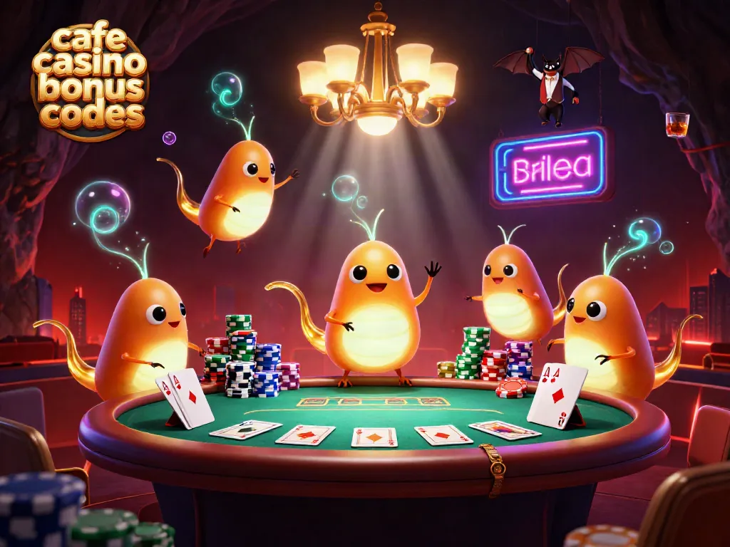 Experience cafe casino bonus codes with vibrant glowworms lighting up an exciting poker scene in a cave casino.