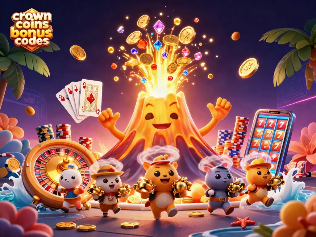 Winning with crown coins bonus codes brings golden rewards and treasures in a vibrant casino scene.