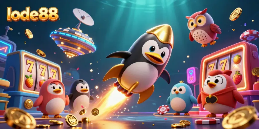 Join the exciting gameplay at lode88 with a golden penguin navigating through a vibrant casino space adventure.