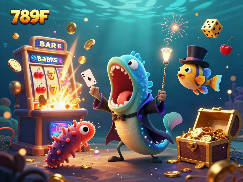 Experience exciting casino action with the bioluminescent 789F characters performing magic tricks.