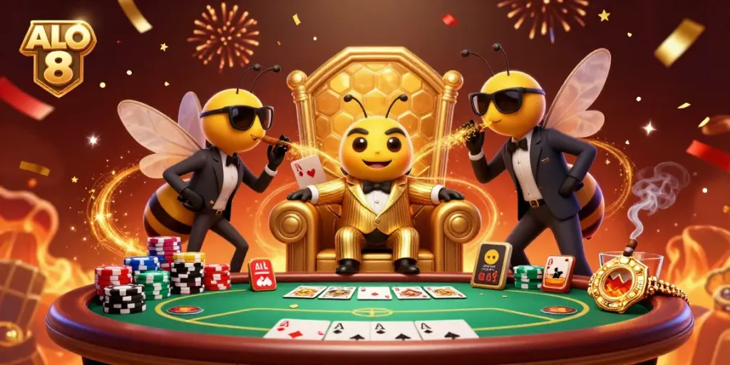 Engage with ALO 8's vibrant casino scene featuring a bumblebee mob boss and lively game elements.