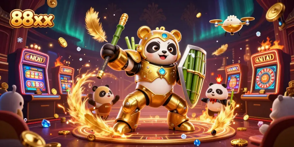 Experience thrilling 88xx casino action with a golden panda battling in a vibrant gaming arena.