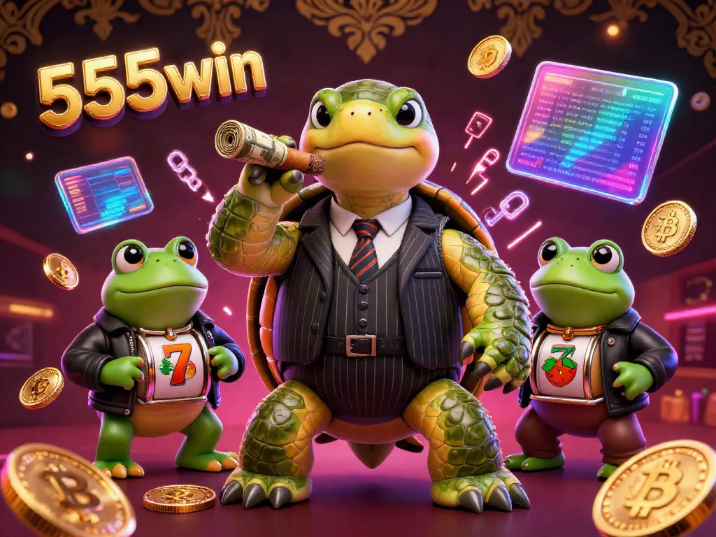Experience 555win with vivid cartoon characters in a lavish casino scene featuring slots and crypto elements.