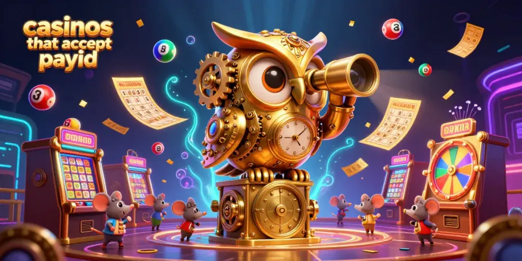 Experience the thrill at casinos that accept payid with a cartoonish clockwork owl in a vibrant casino scene.
