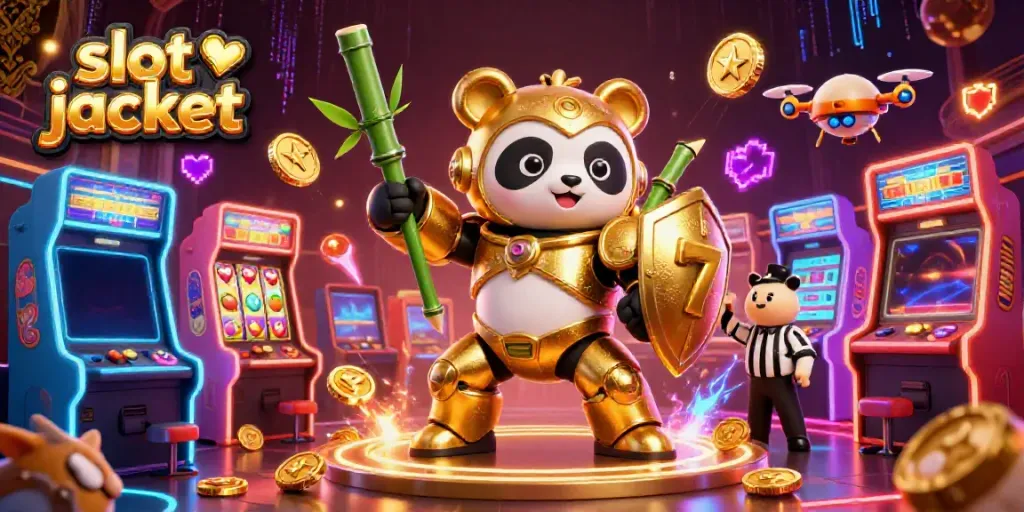 Slot jackpot yang memperlihatkan panda emas bertarung dengan robot bambu di arena kasino penuh warna.