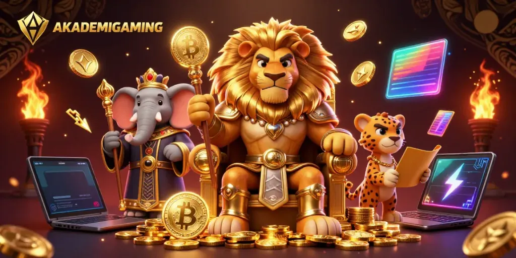 Experience the enchanting casino world with AKADEMIGAMING's lion king, crypto coins, and vibrant elements.