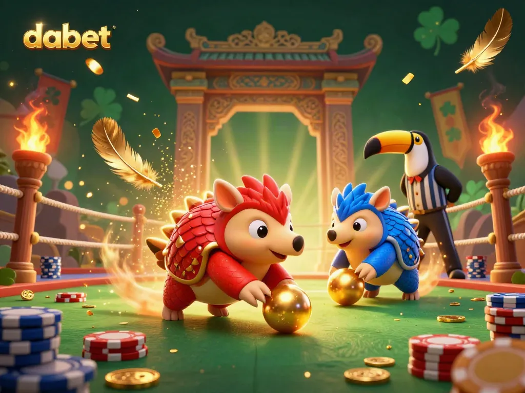 Join the exciting game at DABET as rival pangolins compete among stacks of poker chips.