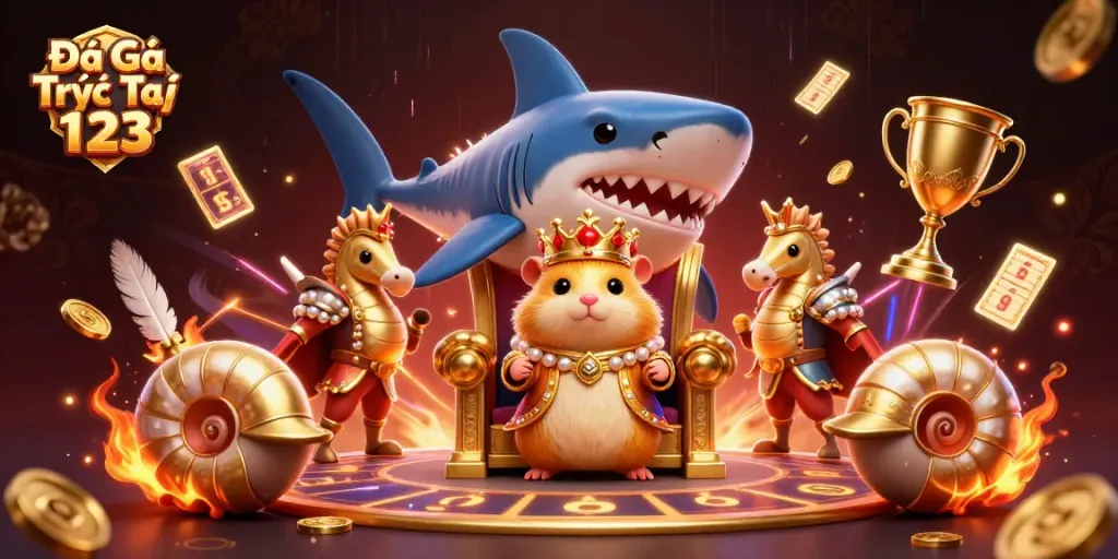 Engage in Đá Gà Trực Tiếp 123 action featuring a king's arena with dynamic elements and trophies.
