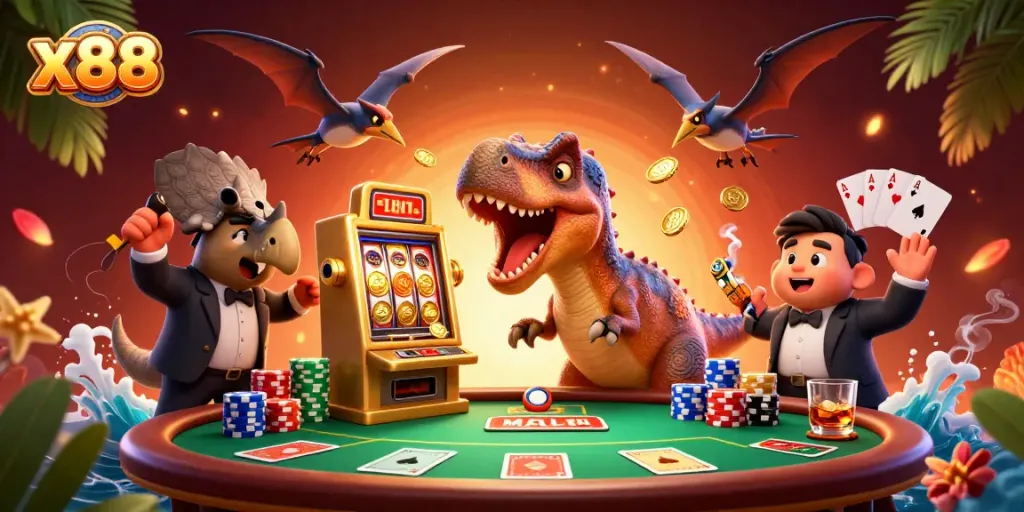 x88 delivers excitement as a dinosaur interacts with a slot machine, capturing thrilling jackpot coins.