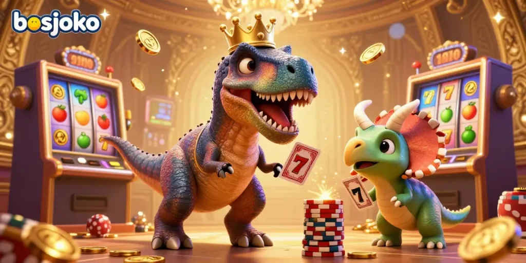 Experience thrilling gameplay at bosjoko with a whimsical T-Rex handling cards and a stacking triceratops.
