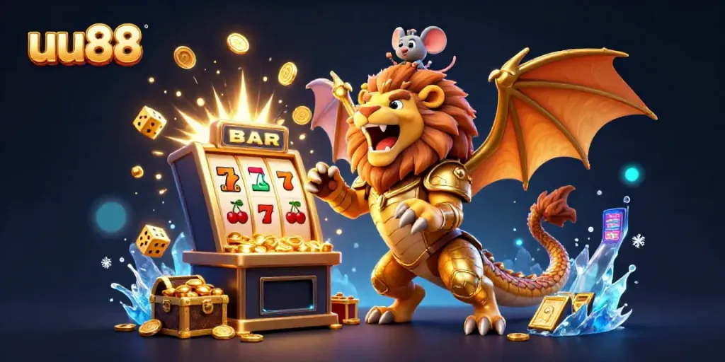 Experience the excitement of uu88 with a vibrant 3D chimera and slot machine scene showcasing jackpot wins.