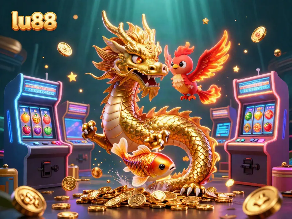 Experience thrilling gameplay at lu88 with a dragon, phoenix, and koi fish amidst a rush of coins and arcade elements.