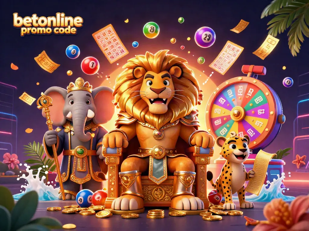 Win big with the latest betonline promo code in a vibrant casino-themed scene filled with action.