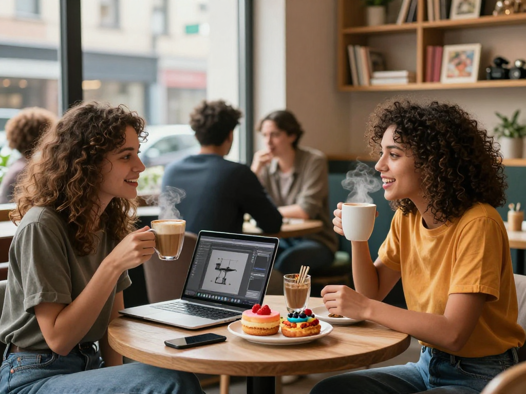 Friends enjoying a spicy chat over coffee in a cozy café.