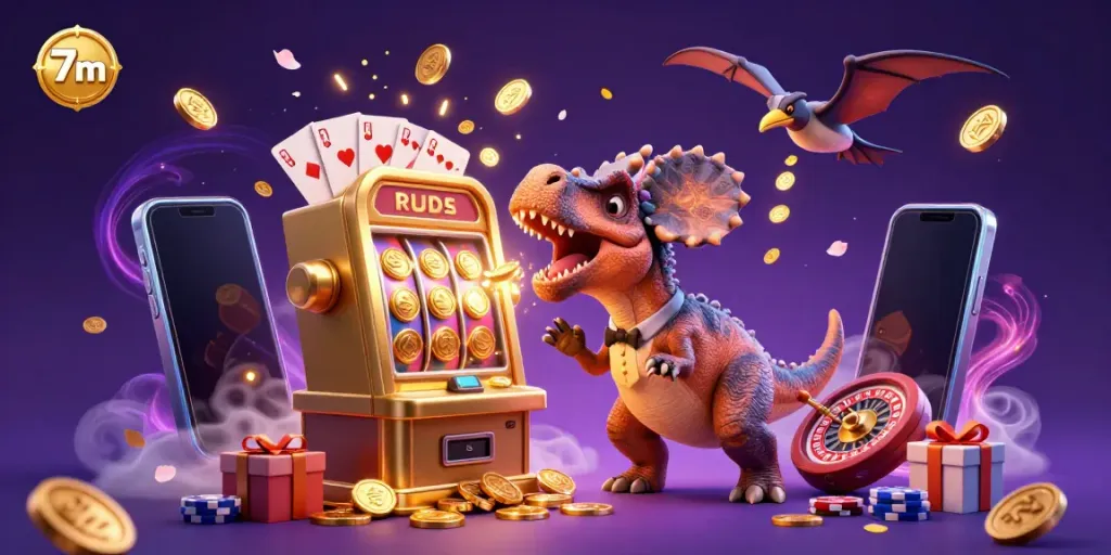 7m gaming scene showing a cartoon dinosaur celebrating a jackpot win at a slot machine.