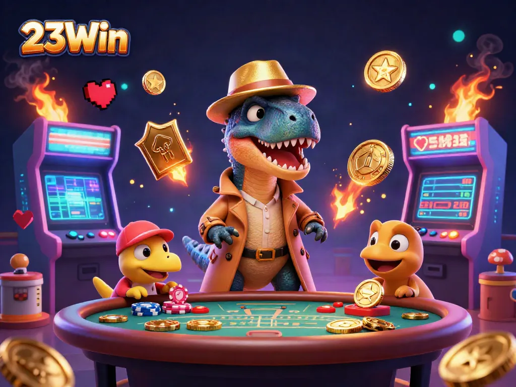 Experience the thrill of 23Win with dynamic characters at a vibrant casino table