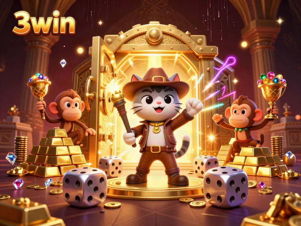 Discover thrilling wins at 3win with a vibrant illustration of a cat archaeologist in a casino temple.
